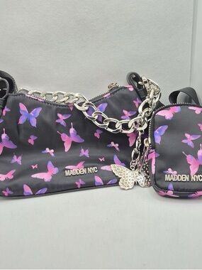 Y2K Madden NYC Black Butterfly Print Chain Crossbody Bag - Black/Purple/Pink